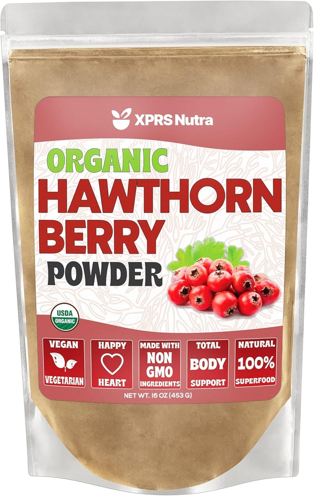XPRS Nutra Organic Hawthorn Berry Powder - Premium USDA Organic Hawthorne Berry Powder for Cardiovascular Support - Vegan Friendly Hearth Health Supplement (16 onzas)