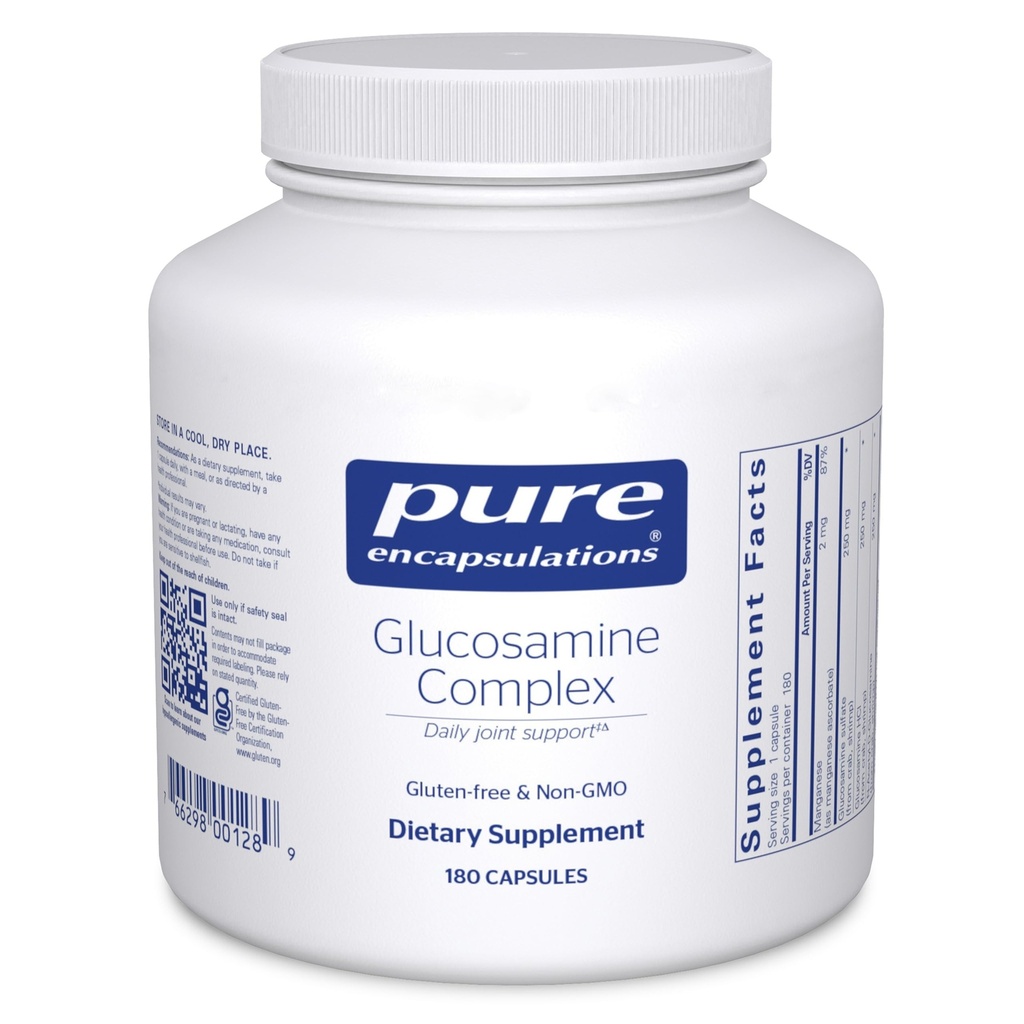 Pure Encapsulaciones Complejo de Glucosamina ← Suplemento Dietario Soporte de cartílago con manganés Silencio 180 cápsulas