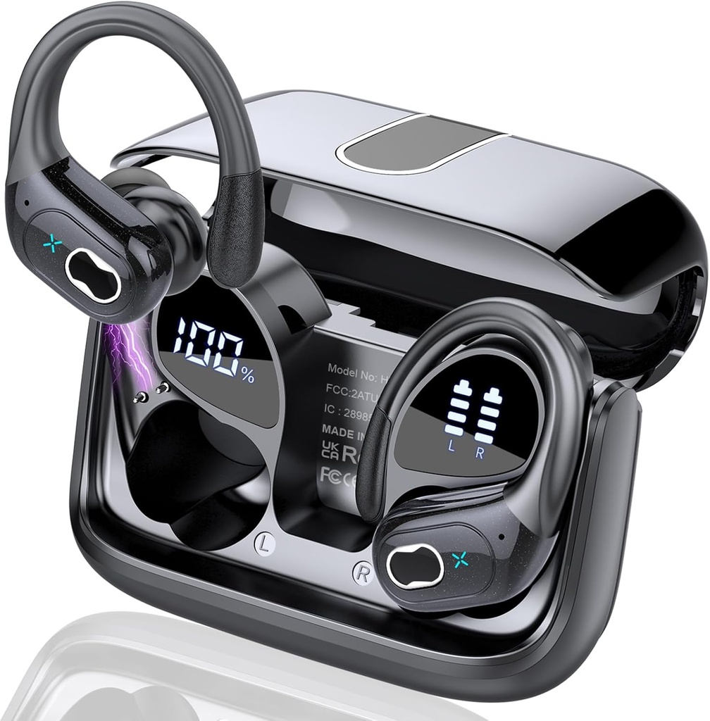 Discos inalámbricos 75hrs Bluetooth 5.4 Auriculares deportivos, 2025 Earbudos Bluetooth Stereo Deep Bass Over Ear Bud con Earhooks, Earphone de cancelación de ruido ENC, Earphone impermeable IPX7 para el entrenamiento/retorno