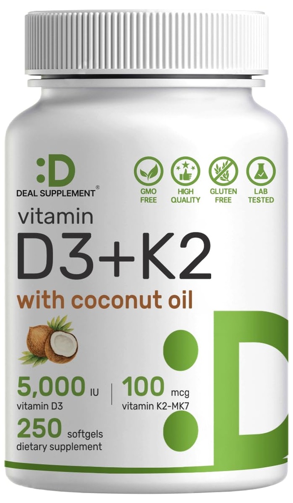 SUPPLEMENTO DEAL Vitamina D3 5,000 UI + K2 MK7 100mcg Softgels TENIDO Complejo 2-en-1 con aceite de coco virgen TENIDO Apoyo Corazón, Hueso, Tientes &amp; Salud Inmune TENIDO Fácil de Tragar