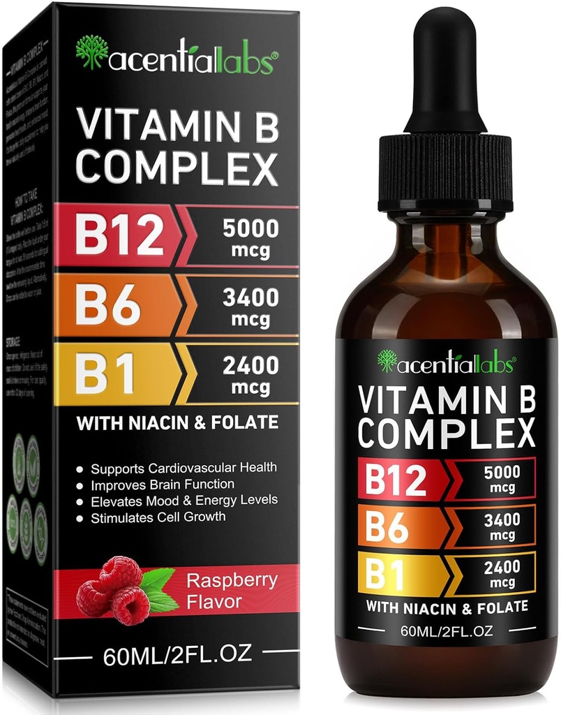 Vitamina B12 Liquid Drops - Vitamina Orgánica B12 Sublingual Drops - Vitamina Orgánica B-Complex B5 Ácido Pantoténico - Vegan B12 Sublingual 5000 mcg con Vitamina B6, Liquid B12 Metilcobalamina Supports