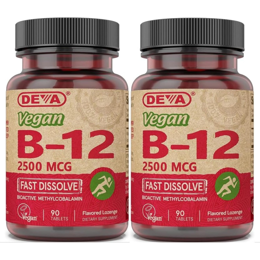 DEVA Vitaminas Veganas B-12, Alta potencia 2500 mcg B12, Dissolve rápido, sublingual, 90 Tabletas (Pack of 2)