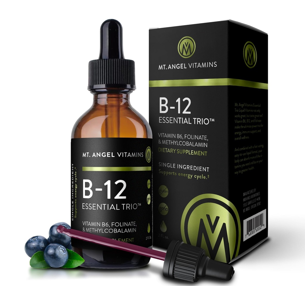 Mt. Angel Vitamins - B12 Essential Trio - Vegan Sublingual Drops with High-Potency Methyl B12, B6 & Folate - Easy Absorption Liquid - Non-GMO, Made in USA