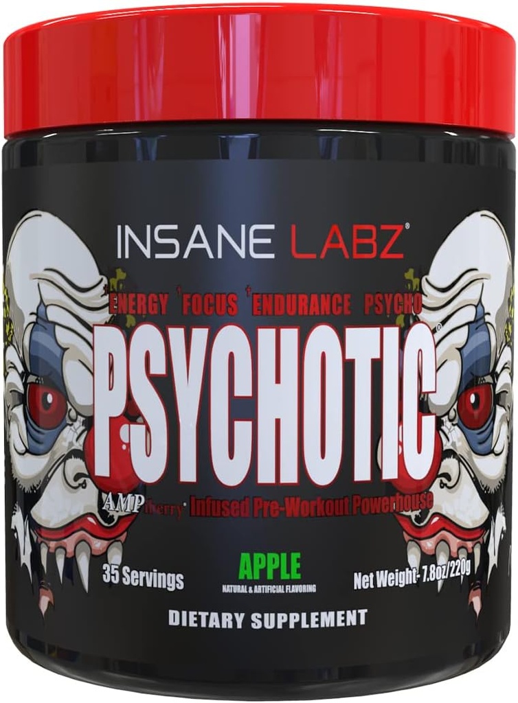 Insane Labz Psicotic, High Stimulant Pre Workout Powder, Extreme Lasting Energy, Focus and Endurance with Beta Alanine, Creatine Monohydrate DMAE, 35 Srvgs (Apple)