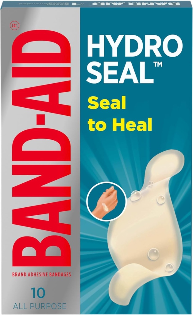 BAND-AID Marca Hydro Seal Adhesive Waterproof Bandages, Hydrocolloid Gel Patch for First Aid, Faster Healing for Minor Blisters, Cuts & Scrapes, 10 Count