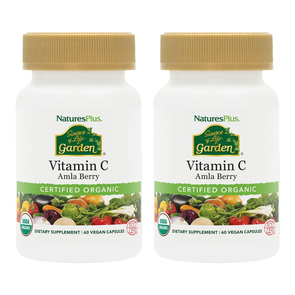 NaturesPlus Fuente de Life Garden Vitamina C - 60 cápsulas Vegan, Pack de 2 - Soporte de sistema inmunitario - Certified Organic, Non-GMO, Gluten Gratis - 60 Total Servings