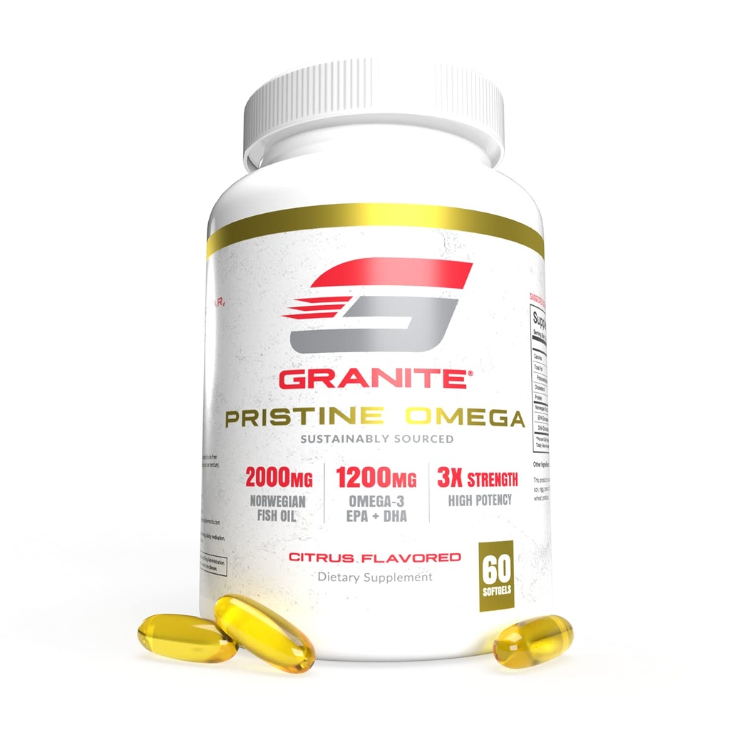 Granite Pristine Omega-3 Suplemento, 2000mg Norwegian Fish Oil Suplementos con EPA & DHA, Supports Joint, Heart, Brain, " Mood, Sosteniblemente Sourced, Purity Tested (60 Softgels)