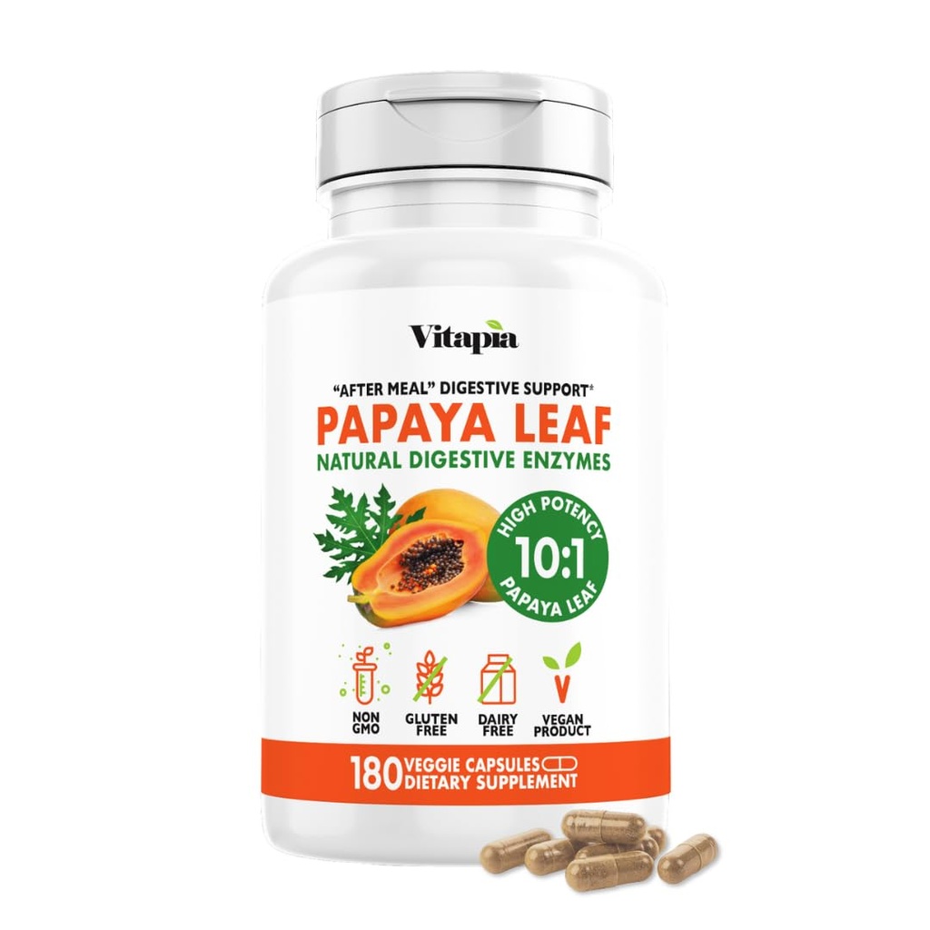 Papaya Fruit Enzyme Capsules for Digestion, Bloating Relief, Immune Support for Men &amp; Women - 1500mg Organic Papaya Powder Por Serving - 180 Veggie Capsules - Non-GMO, Gluten-Free, Vegan-Friendly