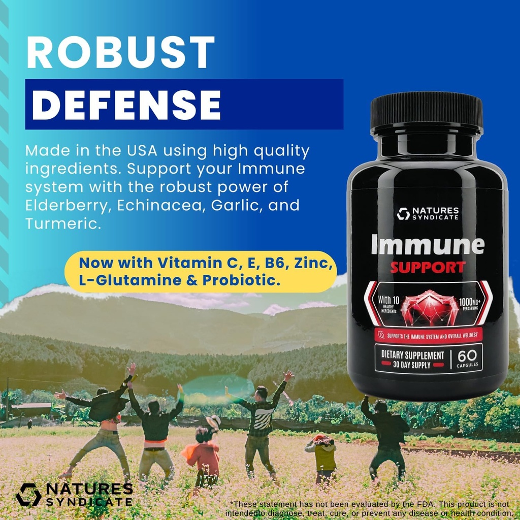 Suplemento de Apoyo Inmuno - 10-in-1 con Echinacea, Elderberry, Ajo, Turmérica con zinc, vitamina C, E, B6 &amp; L-Glutamina, 4.8 Billones CFU Probiótico para adultos