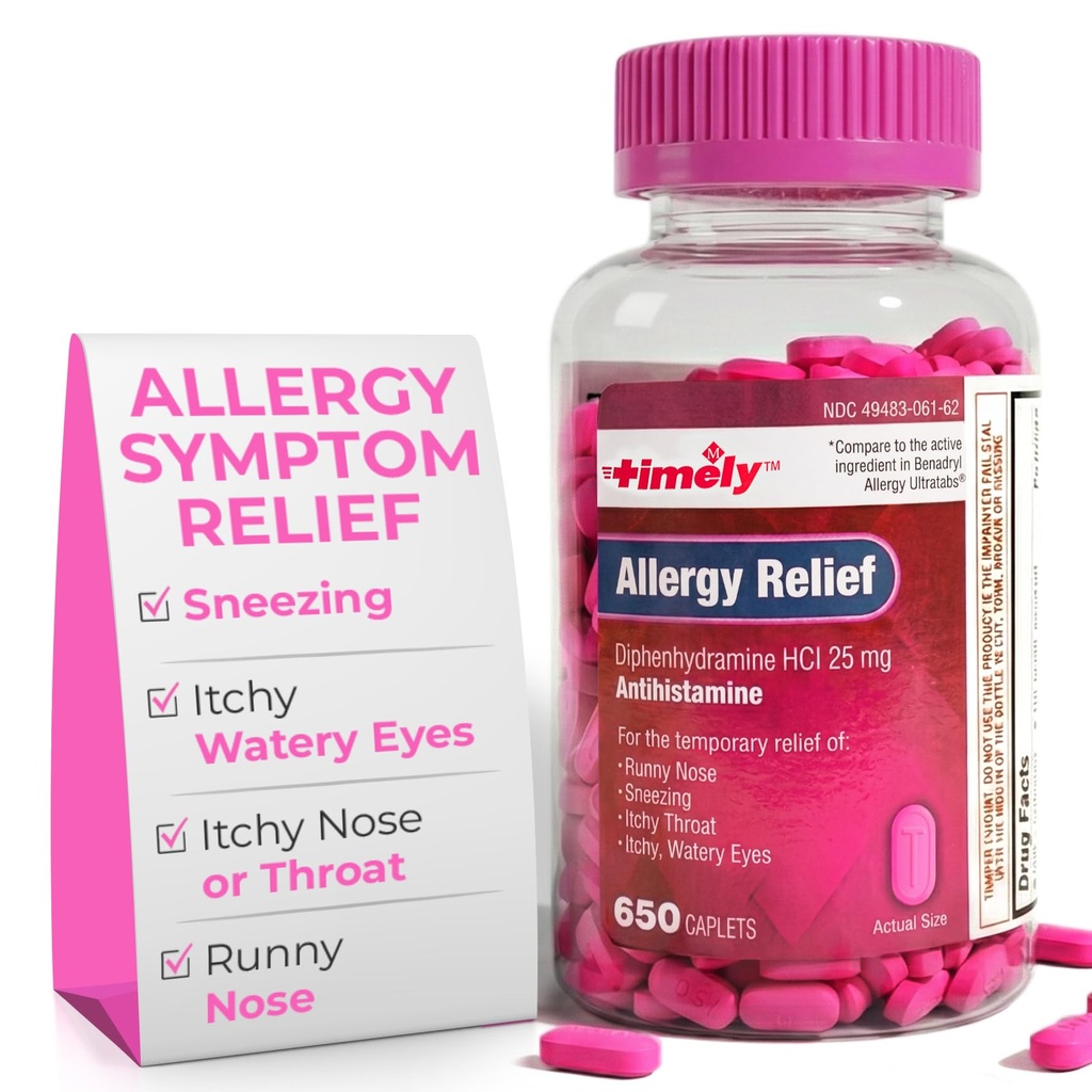 TIME-Cap Labs 650 Caplets Diphenhydramine HCl 25mg Allergy Relief – Antihistamine for Adults, Helps Relieve Sneezing, Runny Nose, Itchy Watery Eyes & Itchy Throat