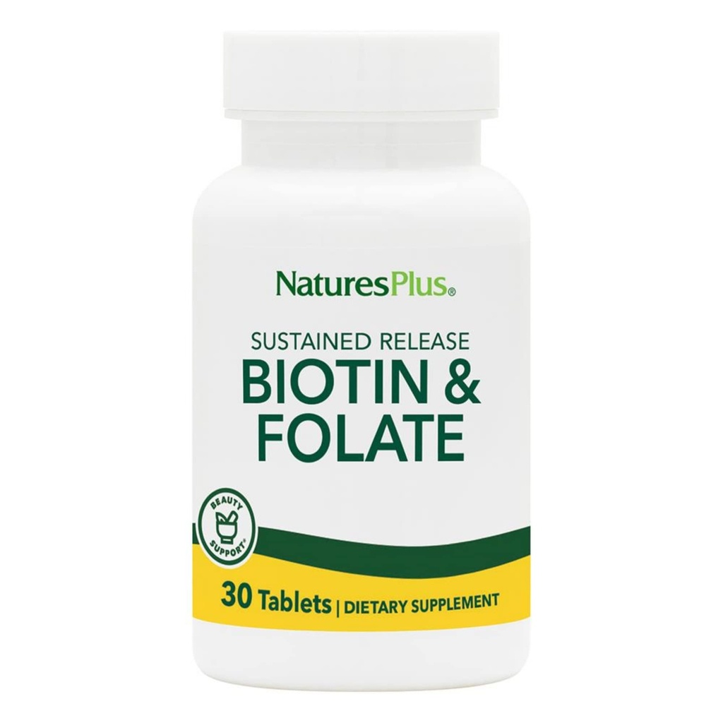 Natures Plus Biotin " Folic Acid (Methylfolate), Sustained Release - 30 Tablets Vegetarianos - Vitamina B7 " Vitamina B9, apoya el crecimiento del cabello, el auge energético, la vitamina prenatal - libre de gluten - 30