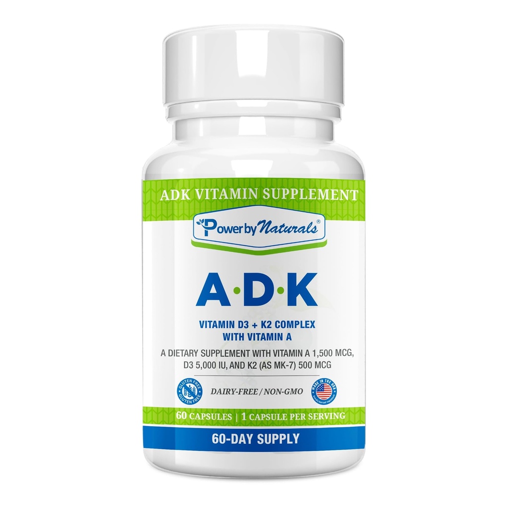 Power By Naturals ADK Vitamin Supplement - High Potency Blend of VIT A D3 K2 Vitamin 5000 iu - Support Bone, Heart & Immune Health - 60 cápsulas (2 Month Supply)