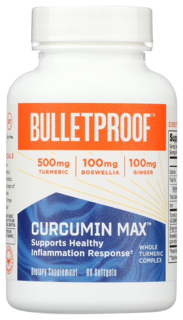 Bulletproof Turmeric Curcumin Complex Inflammation Response Softgels, 60 Conde, Keto Suplemento para Soporte Conjunto e Inflamación, Apoyo Antioxidante, Embalaje Mayo Vary