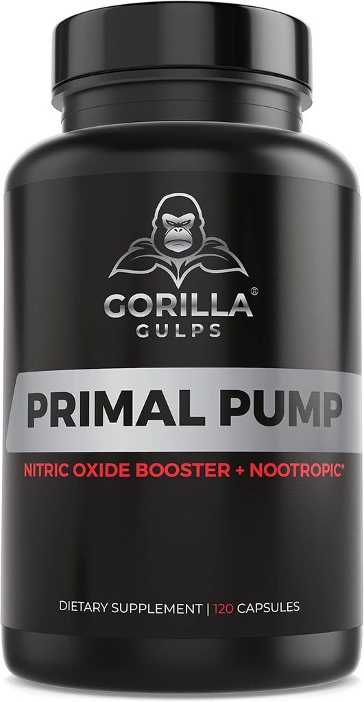 Gorilla Gulps - Primal Pump Nitric Oxide Suplemento Nootropic 1500mg Nitrosigine L Arginine &amp; Beet Root for Muscle Growth, Pumps, Blood Flow, Energy & Focus - Max Strength Pre Workout N.O. Booster