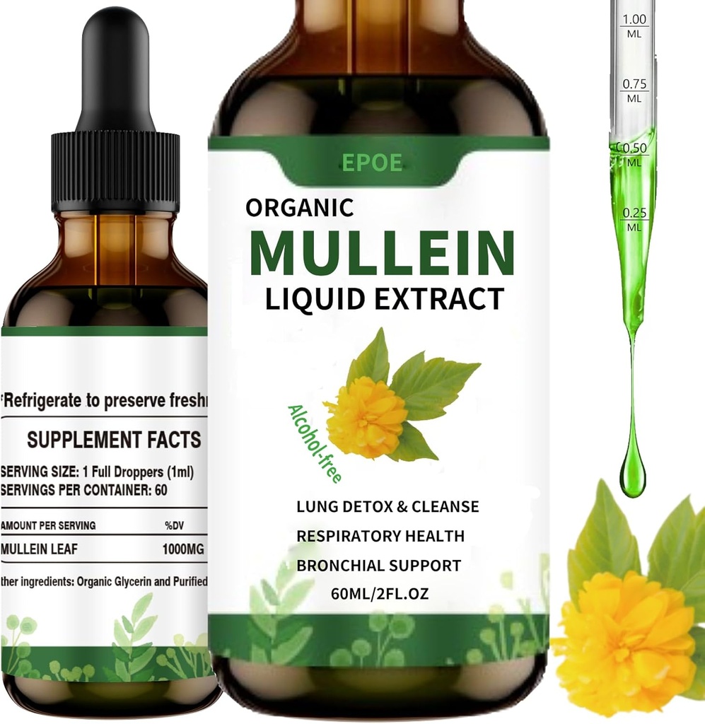 gotas líquidas con hoja de Mullein, gotas de Mullein para Pulmones Orgánica de Booster Alcohol Gratis, Lung Cleanse for Immune and Respiratory Health Support, White