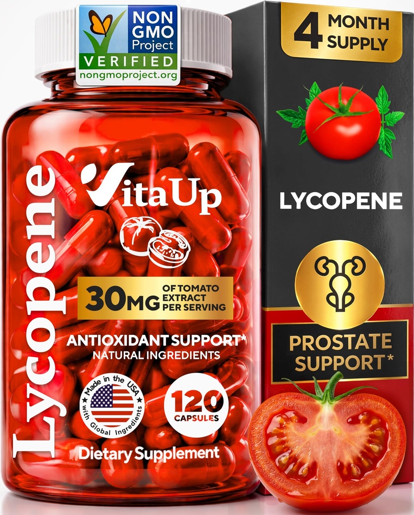 Suplementos de licopeno para hombres - Estados Unidos hizo suplementos de próstata para hombres con extracto de tomate natural - Suplemento de licopeno no GMO para próstata, piel y antioxidante Apoyo - 120 Conde