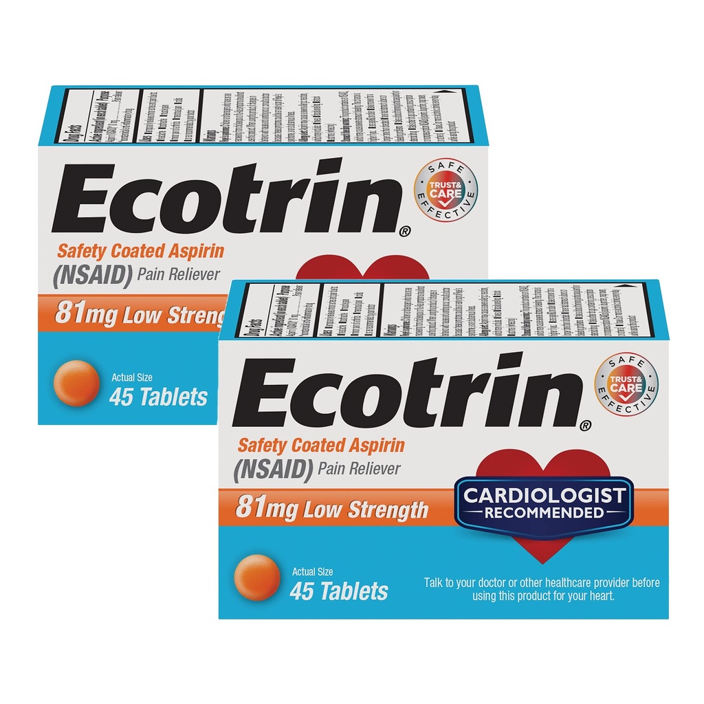 Ecotrin Low Strength Safety Coated Aspirin, NSAID 81mg, 45 cuentan (2 Pack)