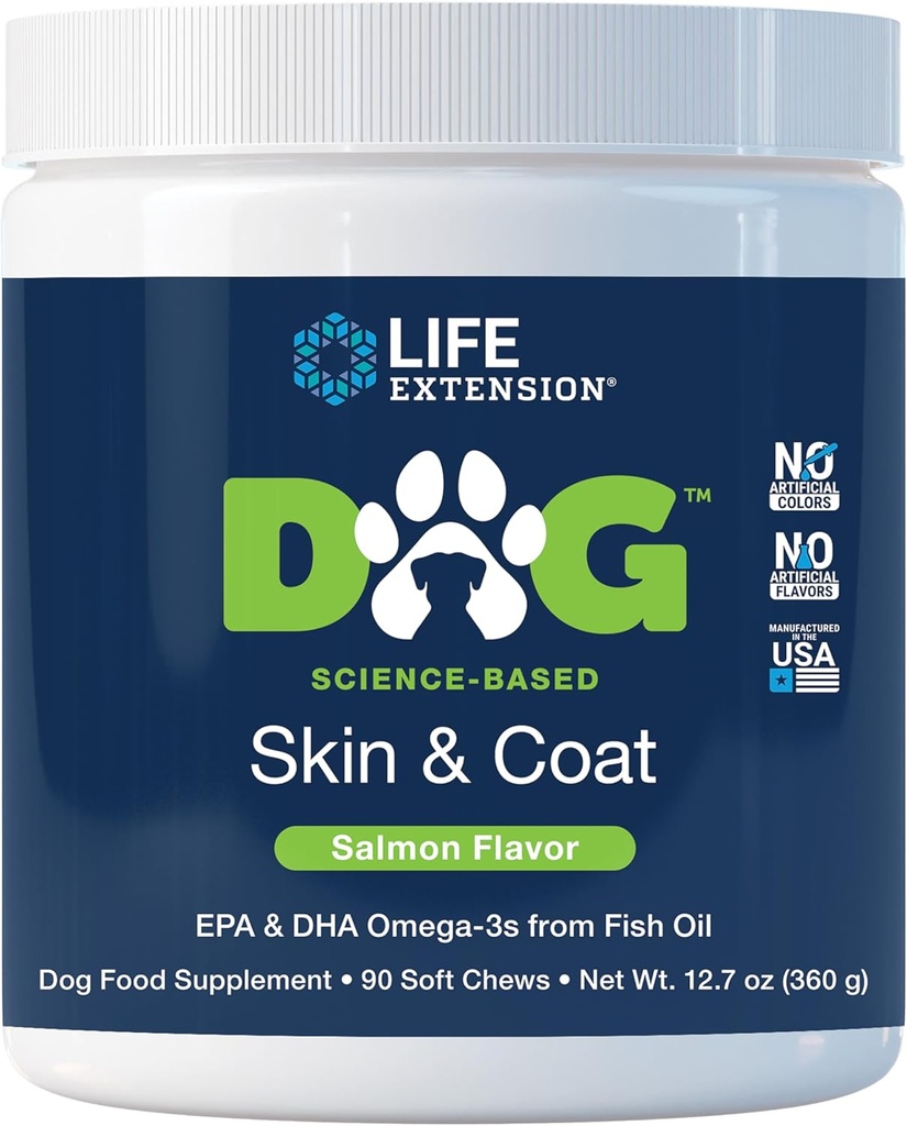 Life Extension Dog Skin &amp; Coat - Suplemento de alimentos para perros para la piel sana y la carne – Omega-3 Fish Oil for Dogs, Salmon Flavor, No Artificial Colors o Sabores - 90 Soft Chews
