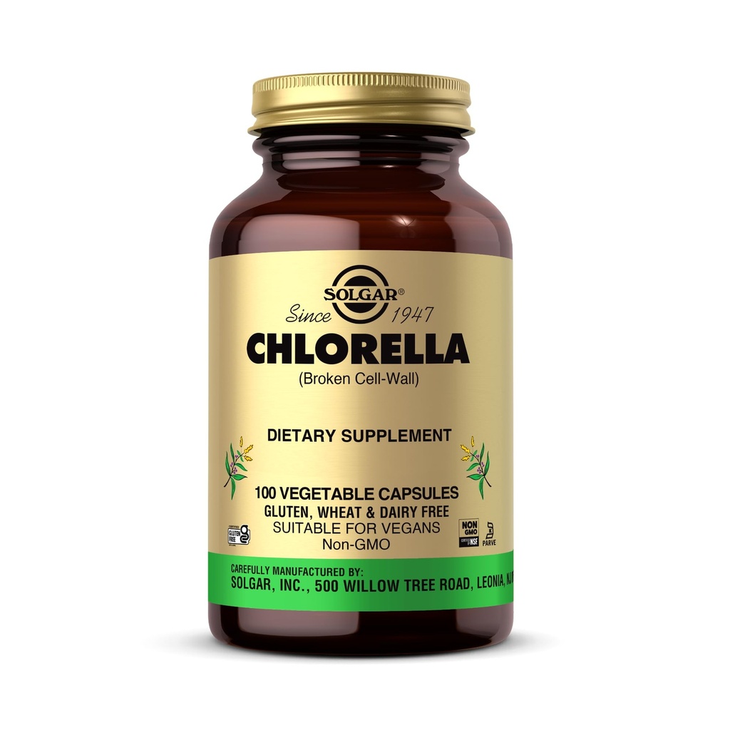 Solgar Chlorella - 100 cápsulas vegetales - Absorción máxima - No GMO, Vegan, Gluten Gratis, Kosher - 100 piezas