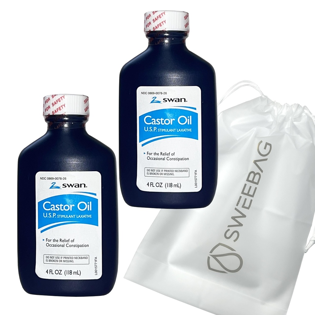 SWAN Castor Oil USP 100% Estimulante Laxante para el alivio del estreñimiento ocasional 4 Fl Oz (Pack of 2) Plus Bag Strong and Waterproof