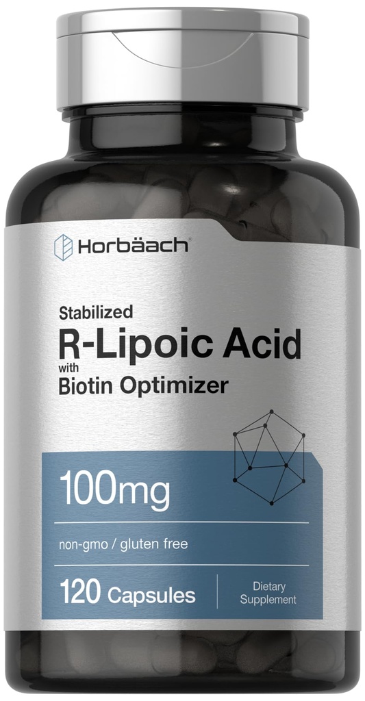Horbaach R-Lipoic Acid 100 mg  120 Capsules  durable with Biotin Optimizer Silencio Non-GMO, Gluten Free peru Stabilized R-Lipoic Acid Suplemento
