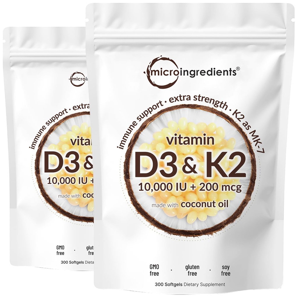 2 Pack Vitamina D3 10000 iu Plus K2 (MK-7) 200 mcg, 300 Vírgenes de aceite de coco Softgels Silencioso 2 en 1 Complejo de vitaminas D & K Apoyo a la Absorción de calcio, hueso, inmune, " Salud cardíaca: fácil de absorber