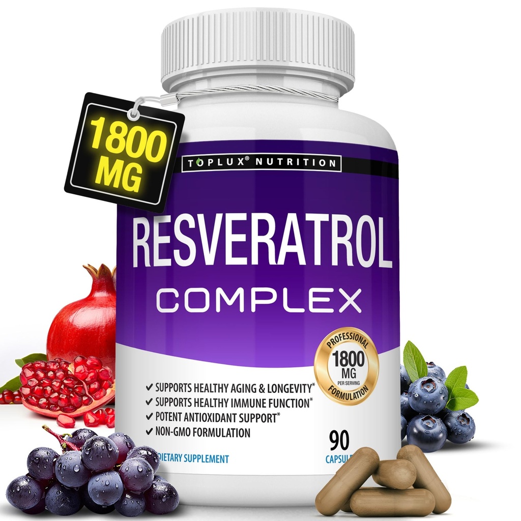 Suplemento de Resveratrol 1800 mg Complejo Antioxidante - Píldoras Trans-Resveratrol Natural de alto potencial para el envejecimiento saludable, Asistencia sanitaria general, sistema inmunológico, función cerebral, para hombres mujeres, 90 cápsulas