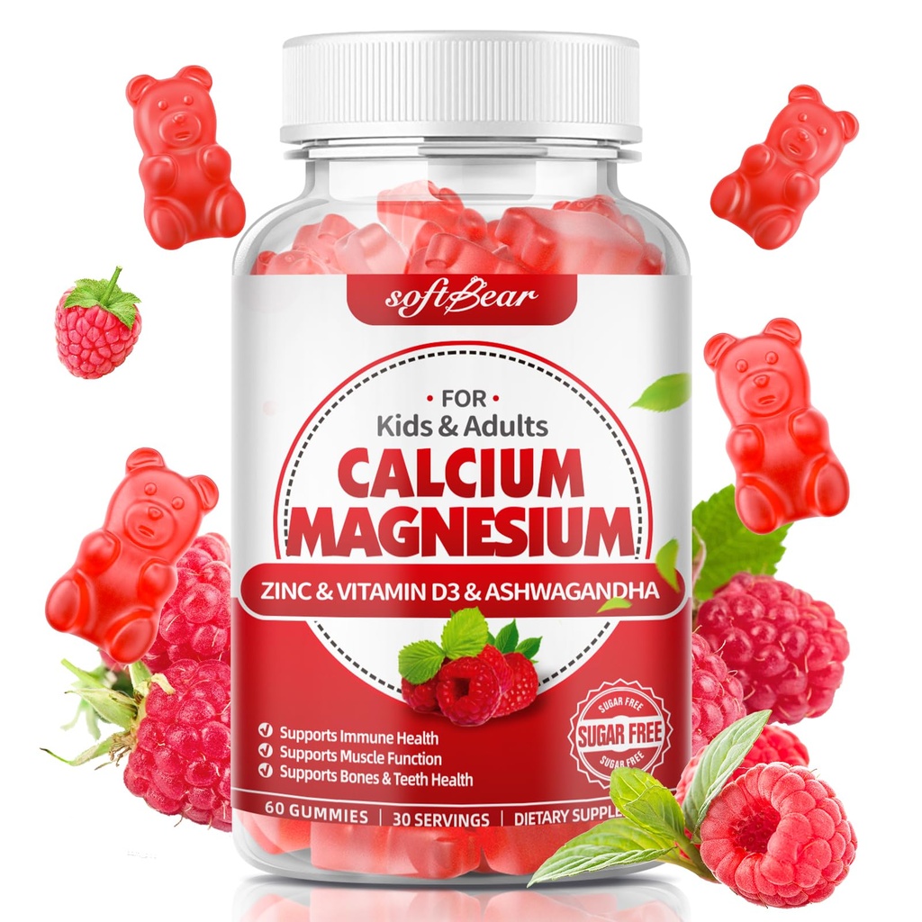 softbear Calcio Magnesio Zinc Gummies para Mujeres, Calcio Magnesio Suplemento con Vitamina D3 para la Fuerza de Hueso, Vegan/Sugar-Free, Raspberry Flavor 60 Cuenta