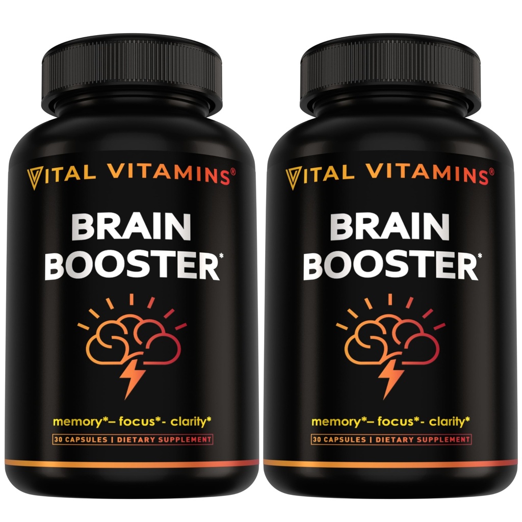 Suplementos cerebrales de vitaminas vitales para la memoria y el foco (2-Pack) – Booster cerebral nootrópico con Ginkgo Biloba, Rhodiola, B12 – Soporte sin cafeína para adultos mayores – Suministro de 60 días