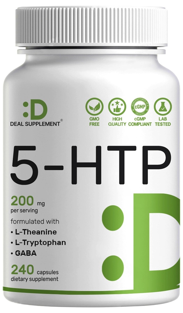 Suplemento de la oferta 5-HTP 200mg Por Serving, 240 cápsulas, 98% African Derived Griffonia Seed Extract Silencio 4 en 1 Fórmula Silencio Plus Active L Theanine, L Tryptophan, & GABA ANTE Relajación Apoyo Suplemento