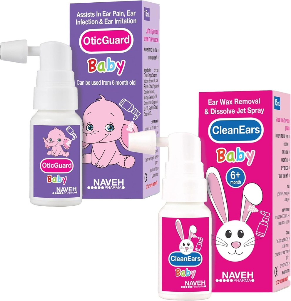 1 Unidad Naveh Farm CleanEars Baby Earwax Removal Spray 1 Fl Oz + 1 Unidad de NAVEH PHARMA Otic Guard Baby Ear Infection Spray 0,5 Fl Oz