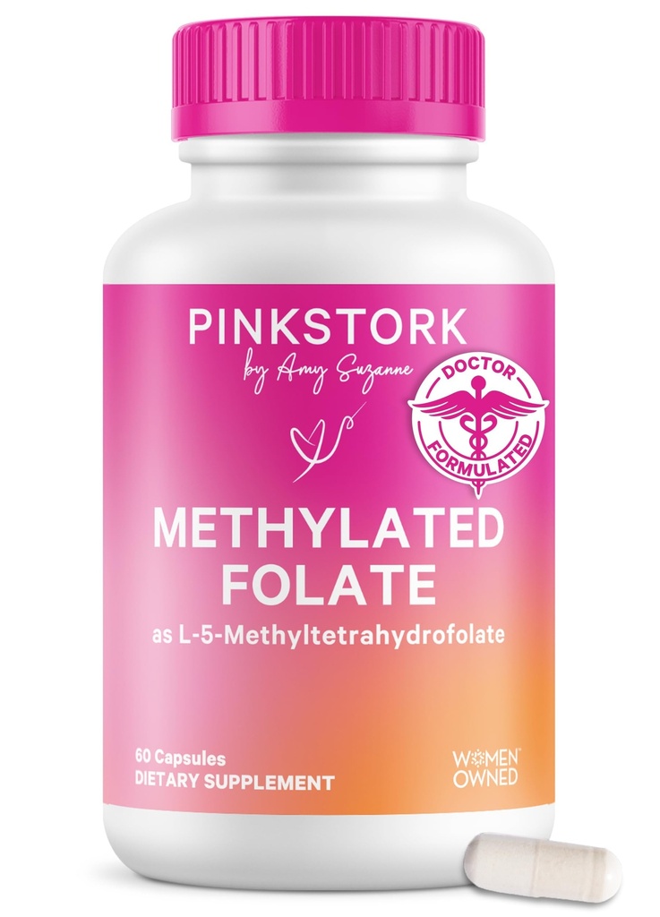 Folato de estuche rosa: Folato de metil - MTHFR Ácido, Forma natural de ácido fólico para el embarazo, Formulado para mamá + bebé, Mujer-Owned, 60 cápsulas (Packaging May Vary)