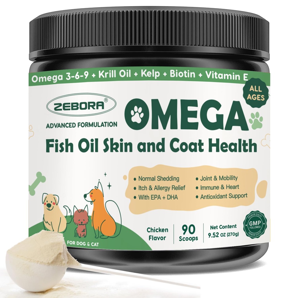 ZEBORA Omega 3 Fish Oil for Dogs, Wild Caught Dog Fish Oil, EPA & DHA, Krill Oil, Kelp, Skin and Coat Supplement, Anti Itch &amp; Shedding, Support Dry Skin, Joint Health, Dog Allergy Relief
