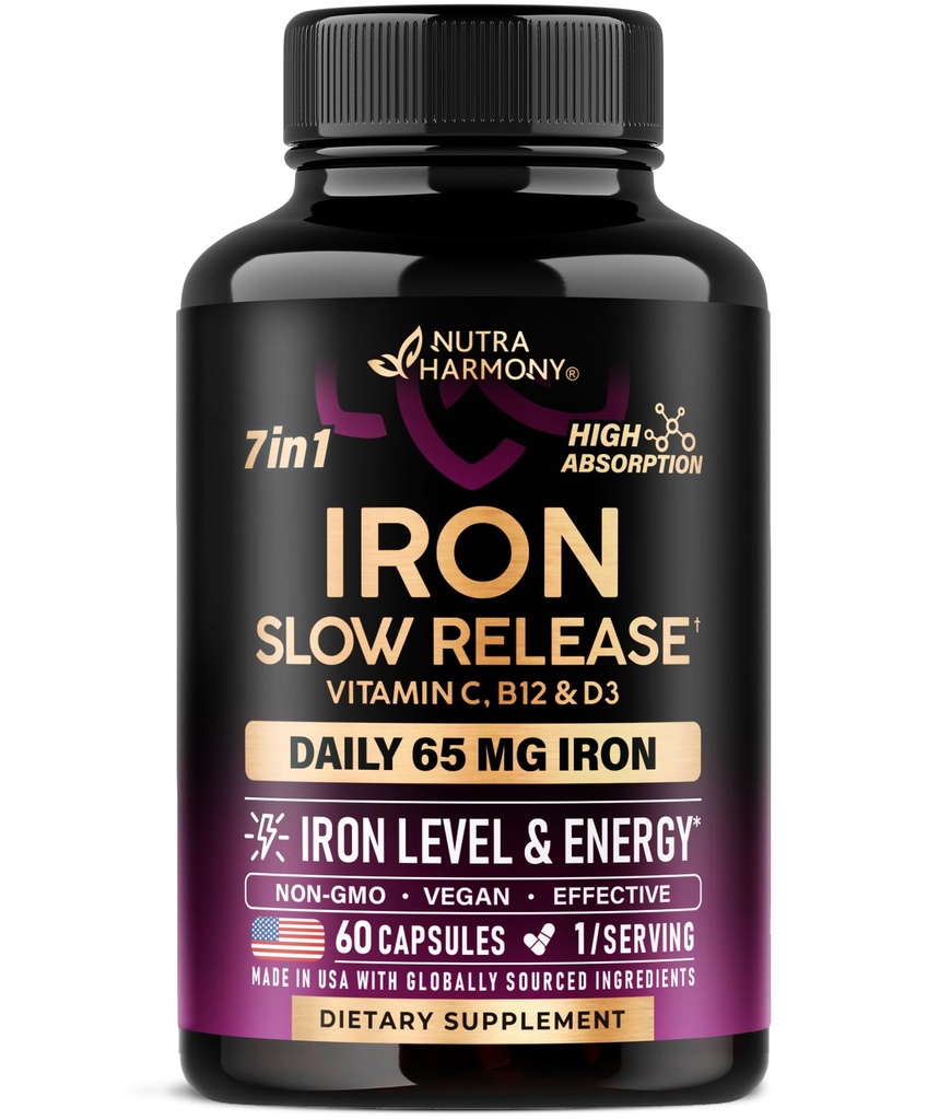 Suplemento de hierro para mujeres - Iron 65mg (Sulfato ferroso 325mg) - Stomach Friendly TEN Slow Release Iron TEN High Absorption - Vitaminas C, D3, B6, B12 &amp; Folate - Nivel de hierro &amp; Energy Support - 60 cápsulas