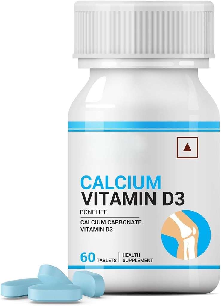 Calcio y Vitamina D3 Tablas para Hombre Mujeres Ø Calcio Carbonato Suplemento para Bone y Soporte Conjunto - 60 Tabletas (Pack of 1, 60)