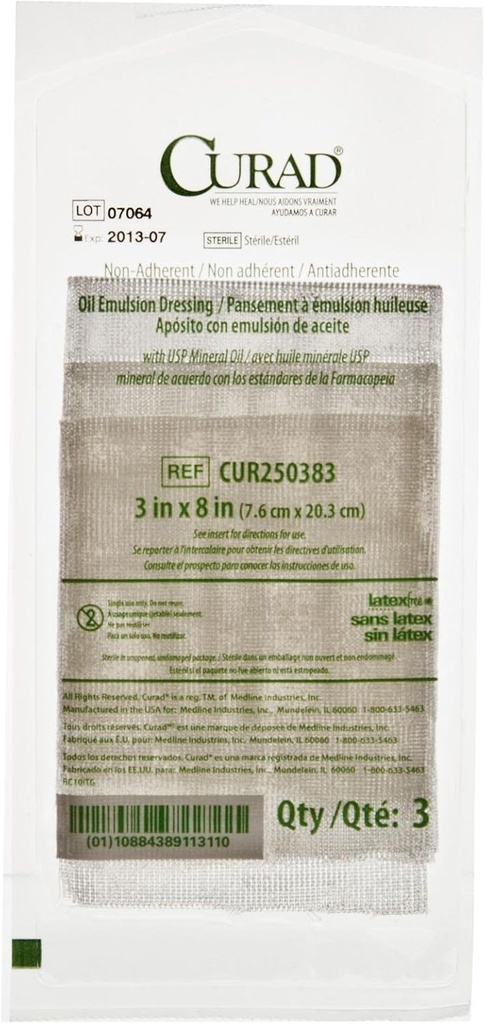 CURAD Sterile No Adherente Emulsión de aceite de Gauze Dressing, 3" x 8", Perfecto para el cuidado de la herida, Pack de 648
