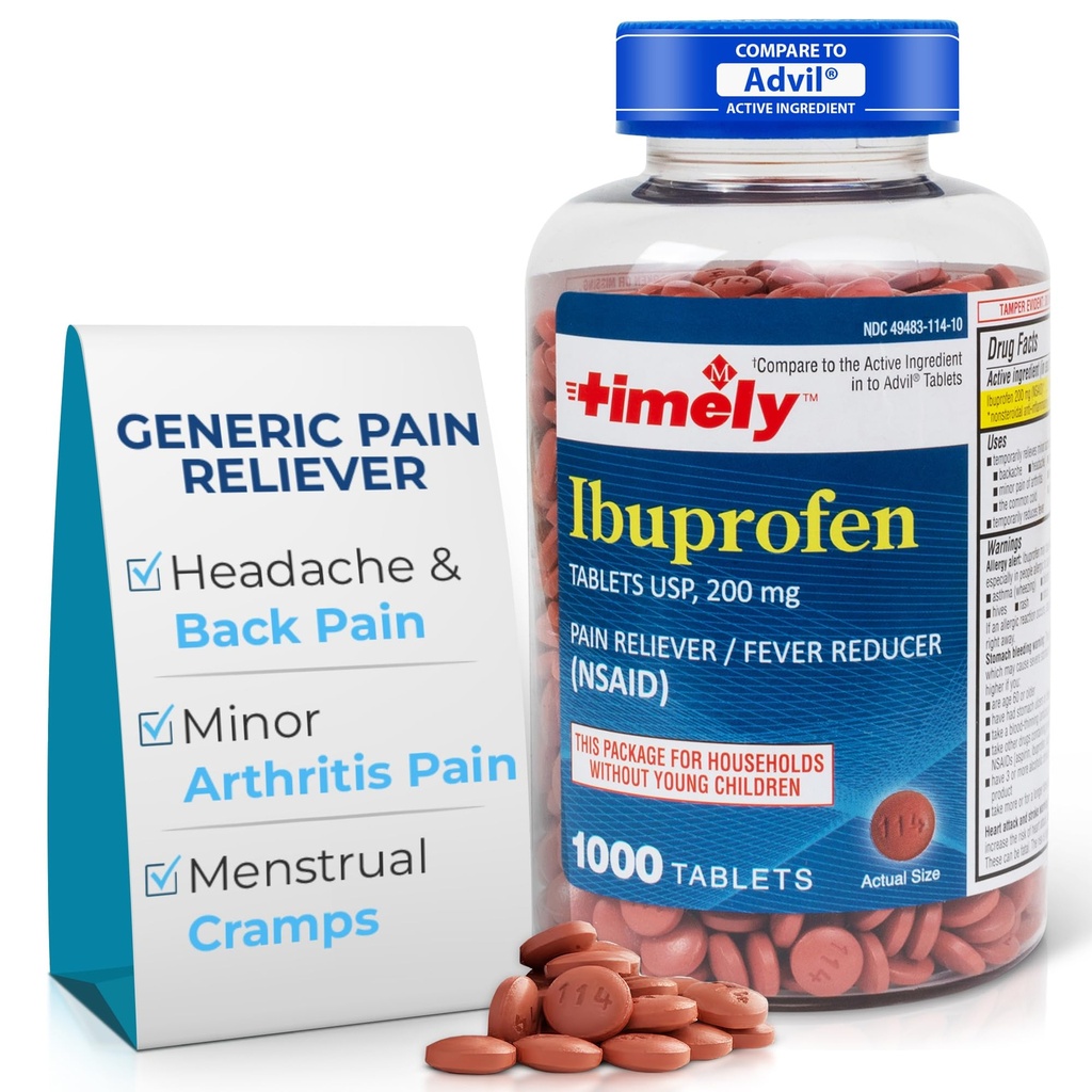 Lágrimas de hora, INC. Ibuprofeno a tiempo 200mg 1000 Tabletas - Tablas de alivio de dolor y reducción de fiebre - para el alivio de dolor de cabeza, dolor menstrual, dolores de dientes, músculo, dolor de artritis