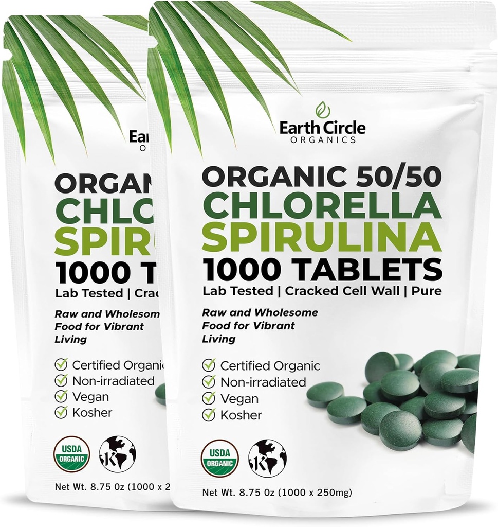 CHLORELLA /SPIRULINA 1000 Tabletas (50/50) Kosher, Vegan - Green Algae Superfood, Cracked Cell Wall, Chlorophyll, High in Protein & Iron, no additives, or fillers 8.75 Oz (2 Pack)