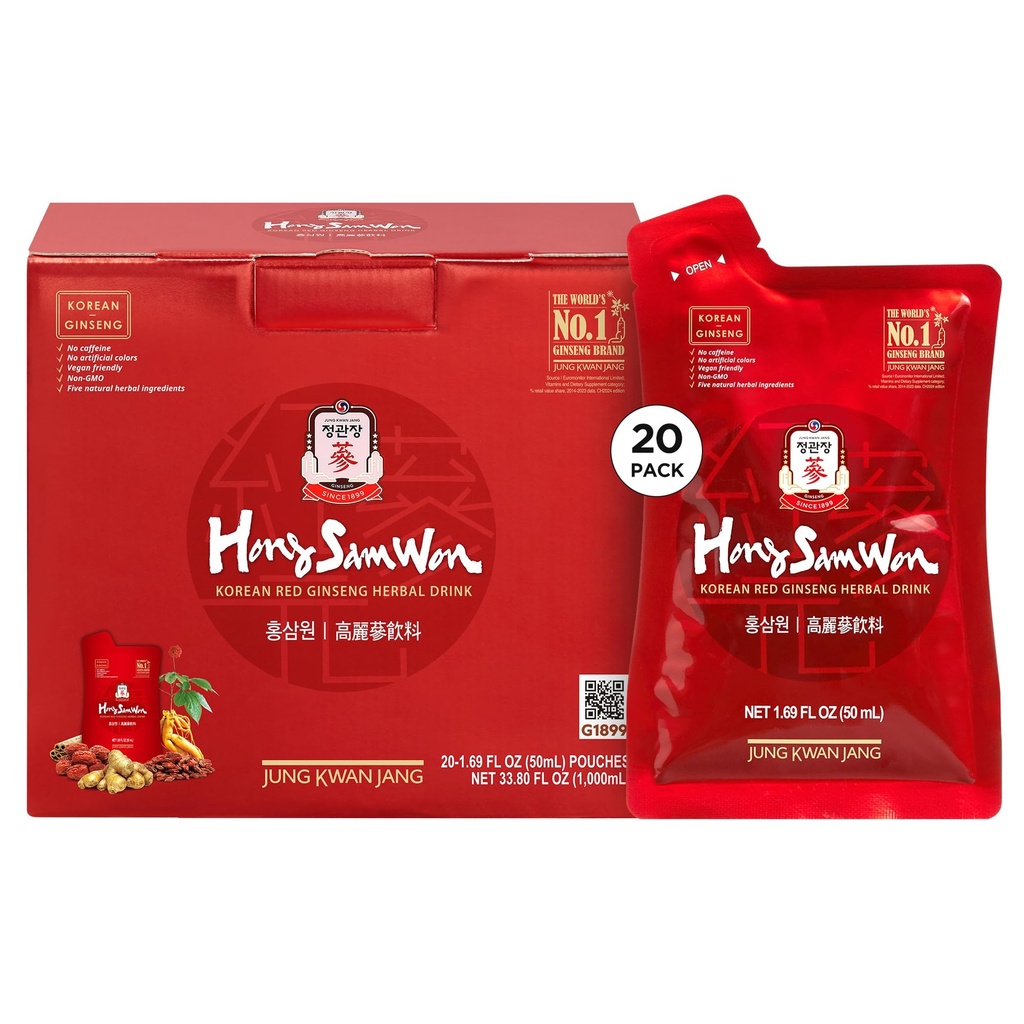 JUNG KWAN JANG Hong Sam Won Korean Red Ginseng Drink ¦ Energy Drink, Pre Workout, Herbal Tea, Ginseng Supplement ← Jujube, Ginger, Cinnamon, Goji Berry ← Vegan Friendly (20 Conde)