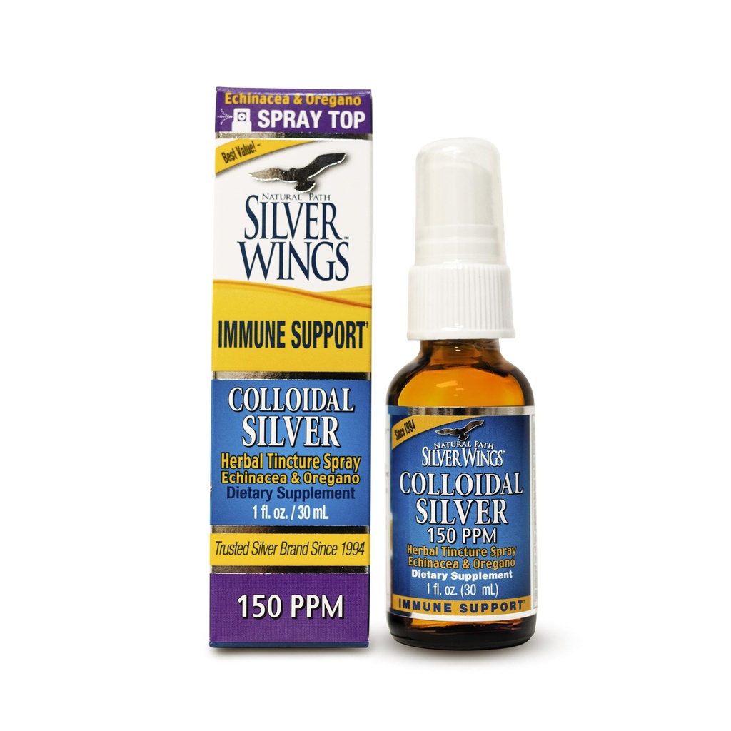 Natural Path Silver Wings Colloidal Silver 150ppm (750mcg) w/Echinacea &amp; Oregano Immune Support Suplemento - 1 fl. oz Spray