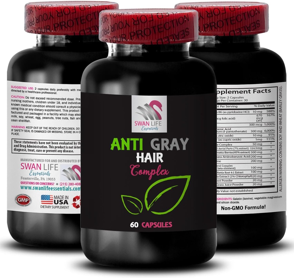 Anti píldoras de pelo gris - ANTI GRAY HAIR COMPLEX - vitalidad de color, cuidado de pelo gris, tono fresco, color visbranto, suplemento de pelo gris, control de la sombra del cabello, mirada juvenil 1 Botella 60 cápsulas