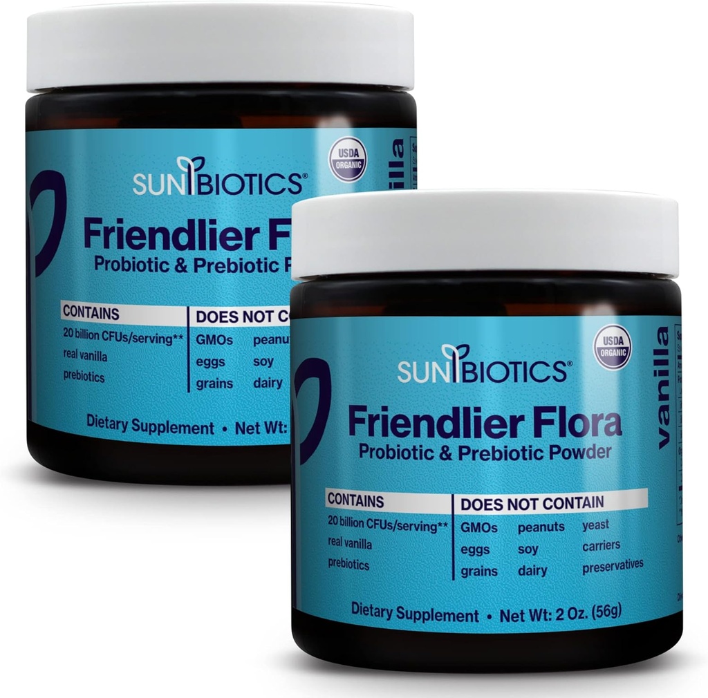 SUNBIOTICS Friendlier Flora - Prebiótico &amp; Polvo Probiótico para Hombres Mujer con 20 millones de UFC de 4 Estrechos Probióticos para Buena Flora, Sistema Immune &amp; Microbioma Equilibrado - Vanilla, (Pack of 2)