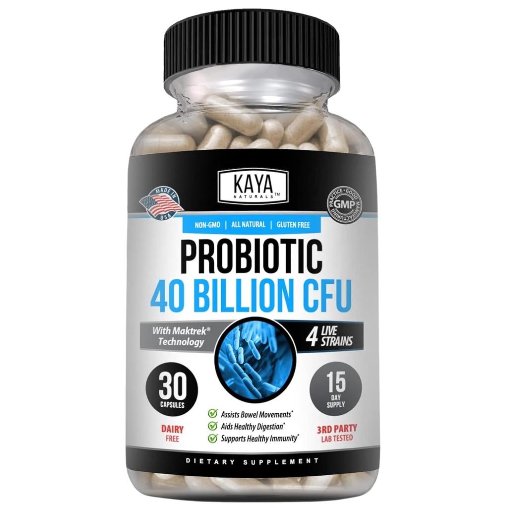 Kaya Naturals Probiótico 40 Billones CFU - Probióticos para Mujeres, Probióticos para Hombres y Adultos, Natural - Salud Gut &amp; Apoyo Inmunitario - Promueve Salud Digestiva - 30 Cuenta