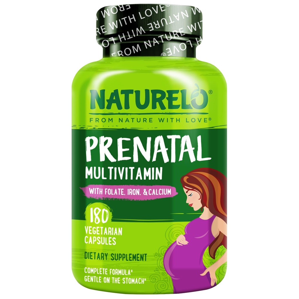 NATURELO Multivitamina prenatal con hierro suave Chelated, folato de metil, calcium vegetal " Choline - Vegan, Vegetariano - No Gluten Gratis - 180 Capsules - 2 Month Supply