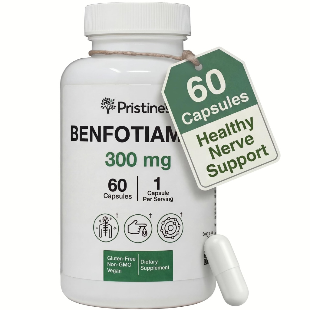 Benfotiamina de PRISTINE 300mg Alta Biodisponibilidad Nerve Support Suplemento - 60 Day Supply - Fat Soluble Vitamina B1 Suplementos - Vegan - No GMO