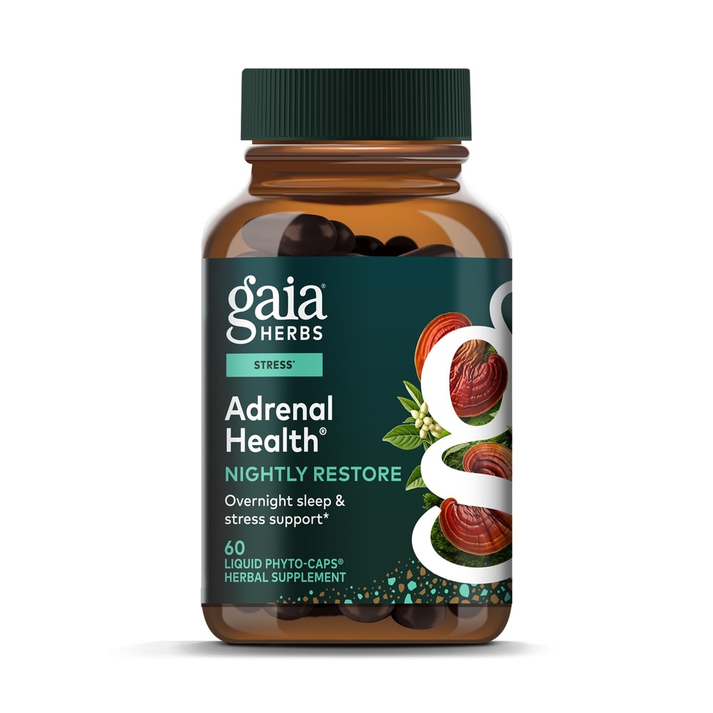 Gaia Herbs Adrenal Health Nightly Restore - Suplemento Herbal con Ashwagandha, Magnolia Bark, Cordyceps, Lemon Balm &amp; Más* - 60 Vegan Liquid Phyto-Capsules (30 Servimientos)