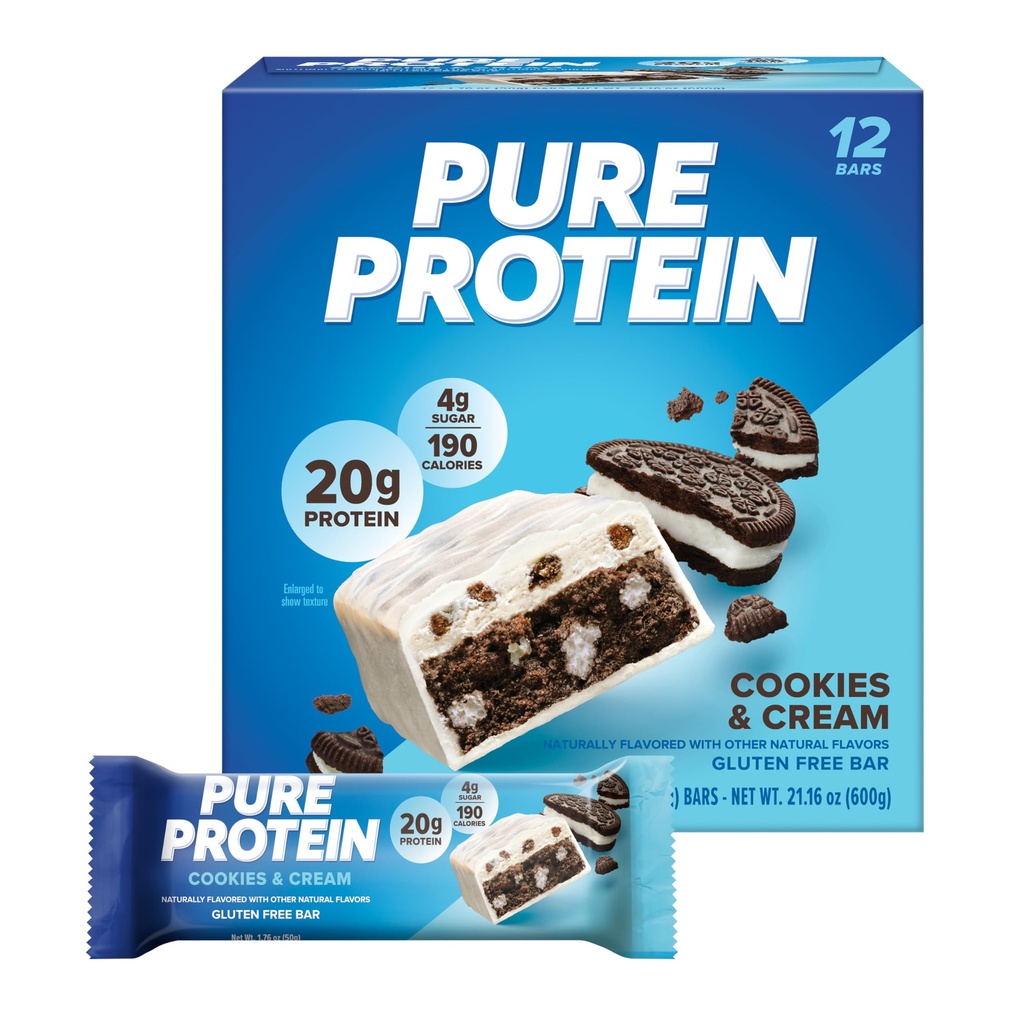 Barras de proteína puras, alta proteína, nutriciosas para soportar energía, bajo azúcar, sin gluten, cookies y crema, 1,76oz, 12 Pack