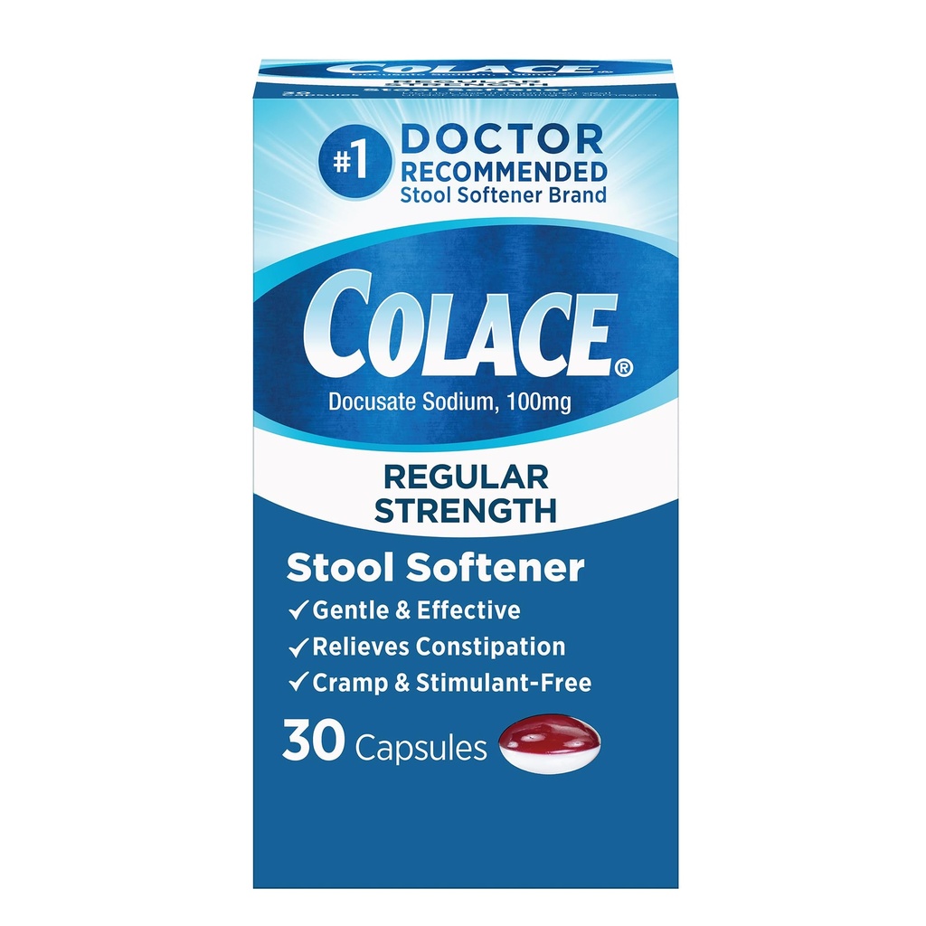 Colace Softener de estrangulamiento regular para el alivio eficaz del estreñimiento suave, No. 1 Doctor Recomendado de estuche Softener Marca, 100 mg Docusate Capsules, 30 Conde