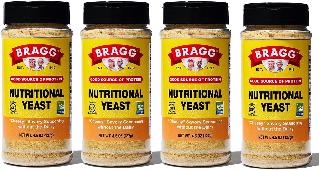 Levaduras Nutricionales de Bragg – Flakes de Queso Vegano, Gluten Libre – Buena fuente de proteínas y vitaminas – Sustituto de Queso Parmesano Nutritorio – No GMO Verificado, 4.5 onzas, 4-Pack