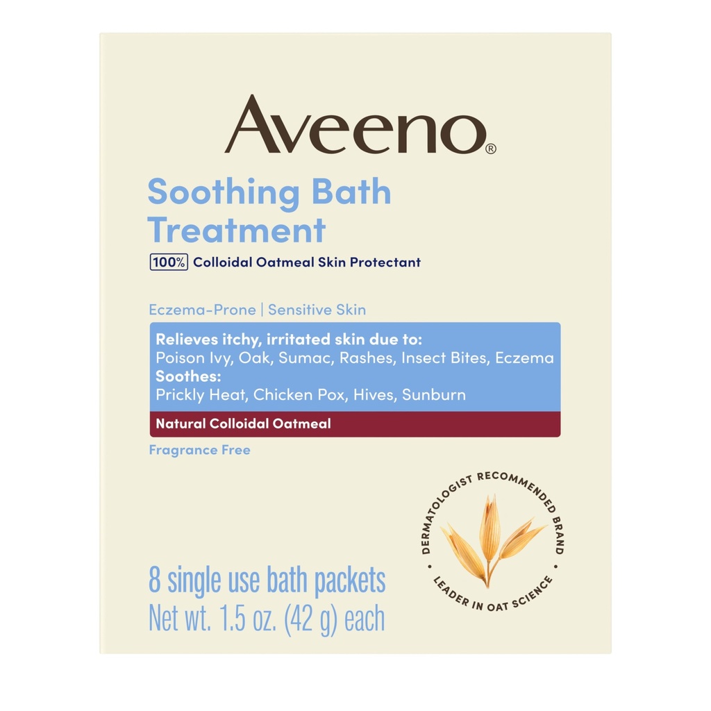Tratamiento de baño sin fragancia Aveeno " Soak for Soothing Relief, 100% natural de avena fría, Alivia picazón, piel irritada Debido a Eczema, 8 paquetes de baño de uso único